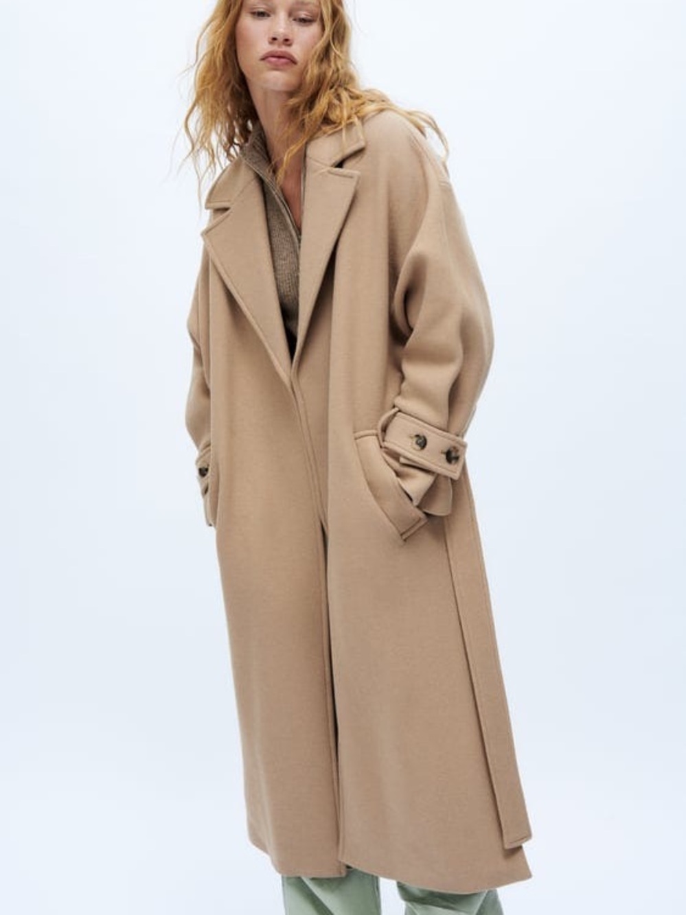 ZARA Long Camel Wool-Blend Coat Size Small